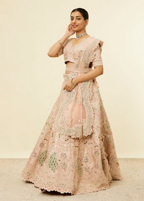 alt message - Mohey Women Golden Pink Sitara Embroidered Lehenga with Peacock Motifs image number 2
